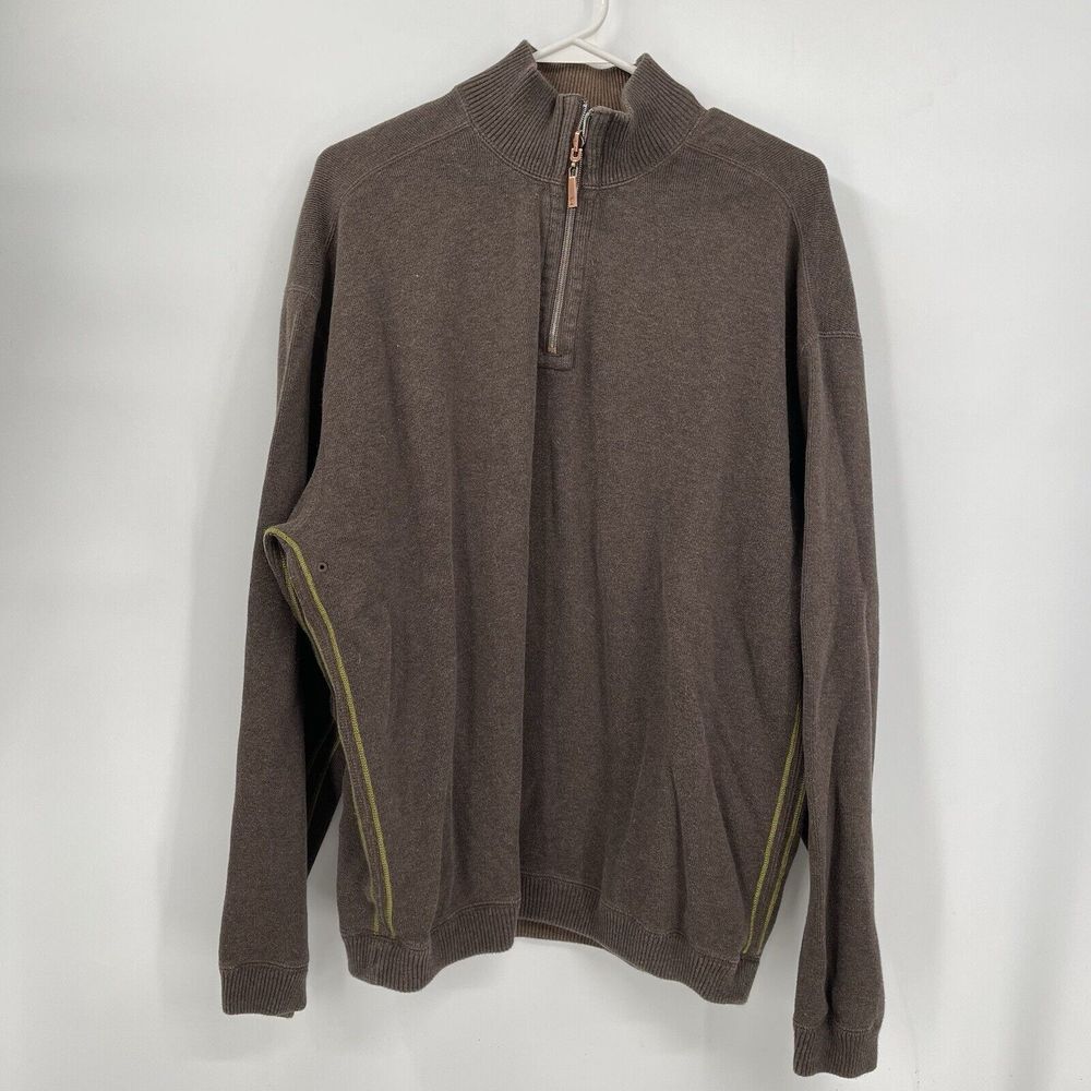 Tommy Bahama XL Quarter Zip Pullover Men Brown Contrast Stitch Mock Neck Sweater